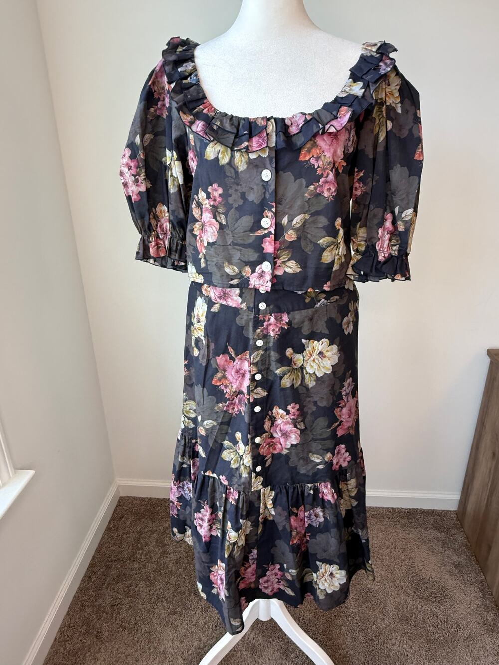 Behida Dolic Millinery Floral Ruffle Blouse Maxi Skirt Two Piece Set